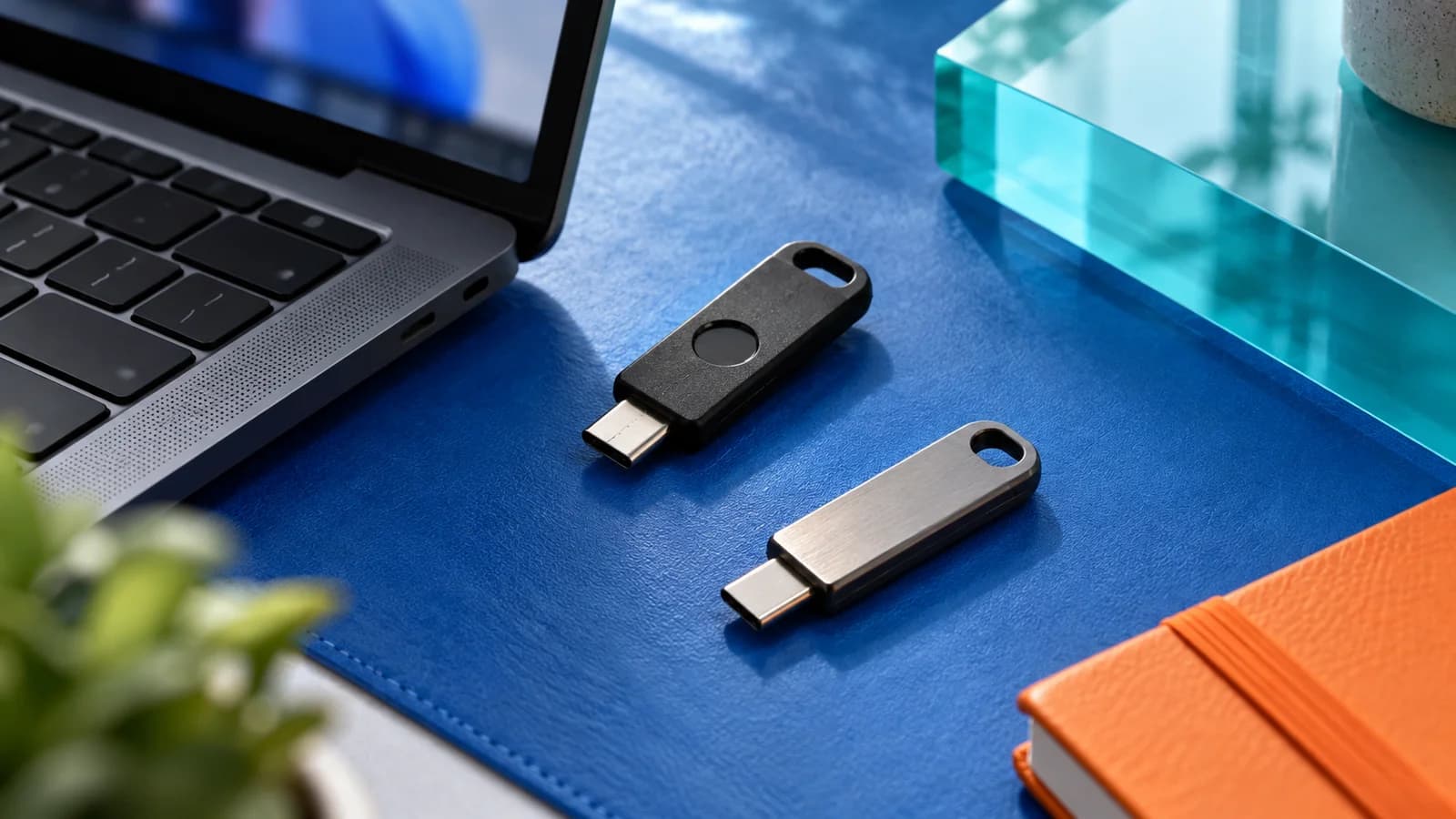 Editorial illustration of security keys beside a laptop on a blue desk