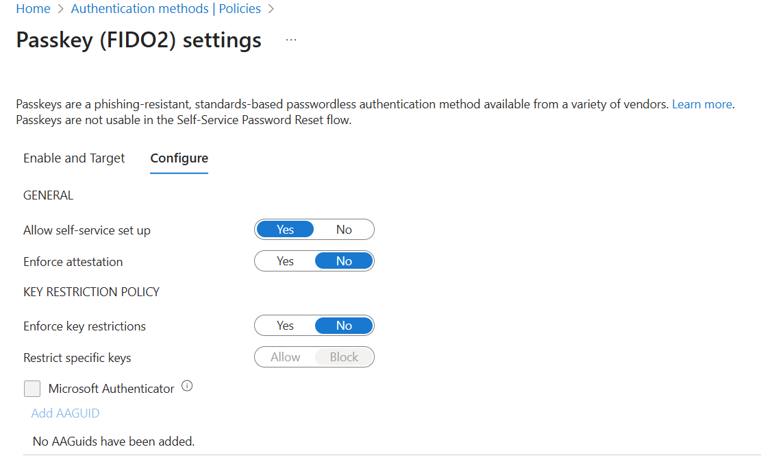 Microsoft Entra passkey settings
